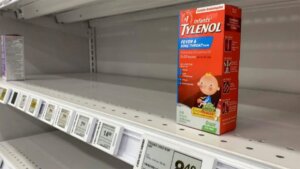 Package of Tylenol for children sitting on an empty pharmacy store shelf