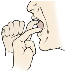 Passive stretch exercise of jaw using thumb and index finger